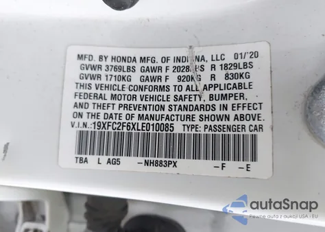 2020 Honda Civic Lx из США, поврежденный, VIN 19XFC2F6XLE010085